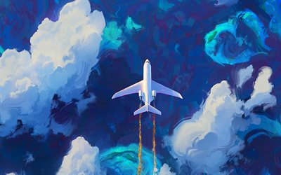 plane, art, blue sky, clouds