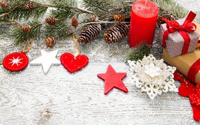 Natale, capodanno, rosso, candela, albero di Natale, coni, decorazioni, regali