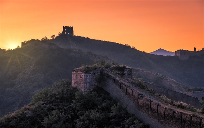 p&#244;r do sol, Grande Muralha da China, montanhas, torre, Hebei, China