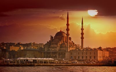 Istambul, Mesquita, Novo Mesquita, marco, p&#244;r do sol, noite