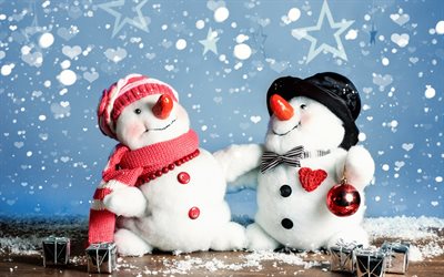 Merry Christmas, snowmen, toys, New Year, Christmas, winter, snow, Xmas