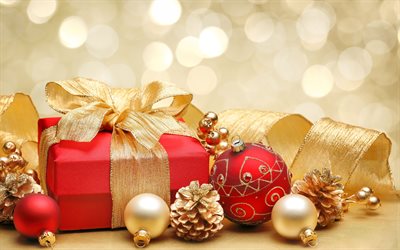 caixa de presente, decora&#231;&#245;es de natal, 4k, Feliz Ano Novo, Feliz Natal, madeira de fundo, decora&#231;&#245;es de ouro, natal, Ano Novo