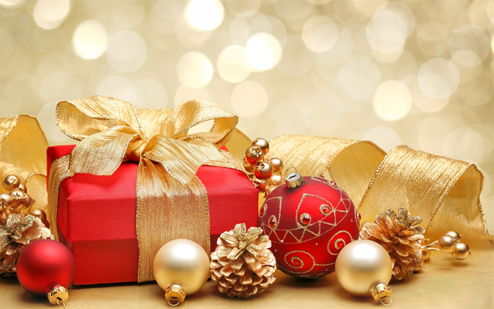 geschenk-box, weihnachten dekorationen, 4k, gl&#252;ckliches neues jahr, frohe weihnachten, holz, hintergrund, goldene verzierungen, weihnachten, neues jahr