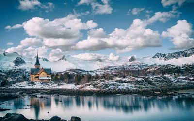 Lofoten, church, winter, mountain landscape, evening, lake, Norway