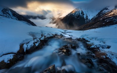 rio de montanha, neve, inverno, noite, p&#244;r do sol, paisagem de montanha
