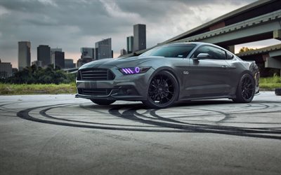 Ford Mustang, 4k, 2018 araba, park, far, s&#252;per arabalar, tuning, Ford