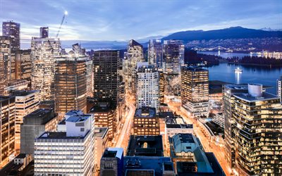 Vancouver, night, skyscrapers, city lights, Canada, British Columbia, 4K