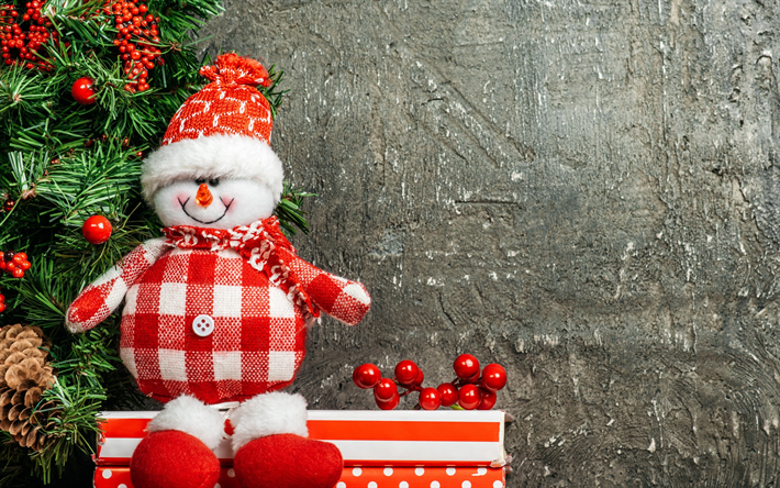 Snowman, Christmas tree, toy, gray wall, New Year, winter