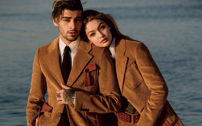 Gigi Hadid, Zayn Malik, photoshoot, ruskea vakosametti takit, muoti malleja