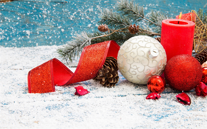 weihnachten, dekoration, neues jahr, rot, kerze, 2018, seidenband, schnee, winter