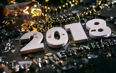 2018 New Year, wooden digits, Happy New Year, golden ribbons, 2018 concepts