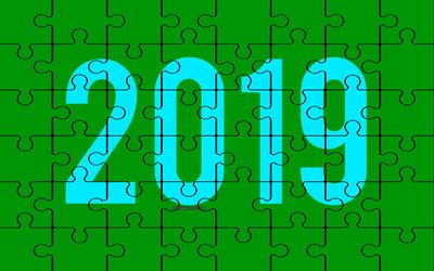 Happy New Year, 2019 green puzzle background, 2019 year, creative art, puzzle template, congratulation, Creative 2019 background, 2019 concepts
