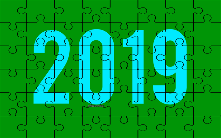 Feliz Ano Novo, 2019 quebra-cabe&#231;a verde de fundo, 2019 o ano, arte criativa, quebra-cabe&#231;a do modelo, parab&#233;ns, Criativo 2019 plano de fundo, 2019 conceitos
