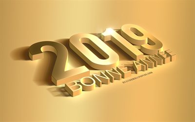 ん、新年明けましておめでとう。2019年, 謹んで新年のフランス語, ゴールデン3dアート, 3d金属文, ゴールデンの背景, 金属の質感, 2019概念, 2019年