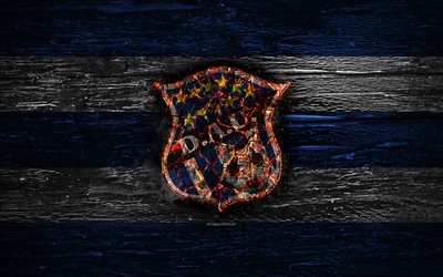 Arabe Unido FC, fire logo, LPF, blue and white lines, panamanian football club, grunge, football, soccer, Arabe Unido logo, wooden texture, Panama