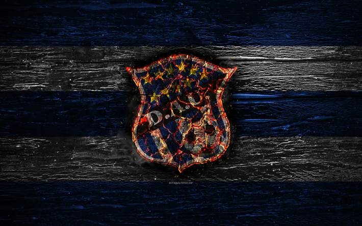 Arabe Unido FC, le feu logo, LPF, bleu et blanc, les lignes, les panam&#233;ens, club de football, le grunge, le football, le soccer, Arabe Unido logo, texture de bois, Panama