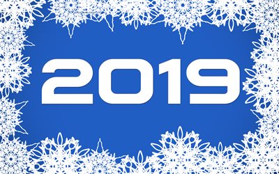 2019 a&#241;o, los copos de nieve blancos, Feliz A&#241;o Nuevo, azul 2019 fondo, azul 2019 postal, invierno, nieve, 2019 conceptos