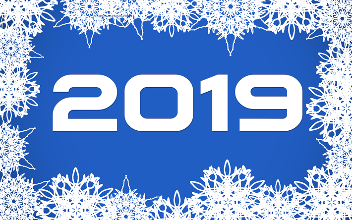 2019 year, white snowflakes, Happy New Year, blue 2019 background, blue 2019 postcard, winter, snow, 2019 concepts