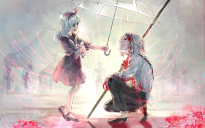 Juuzou Suzuya, Yukinori Shinohara, neon lights, manga, Tokyo Ghoul, girl with umbrella