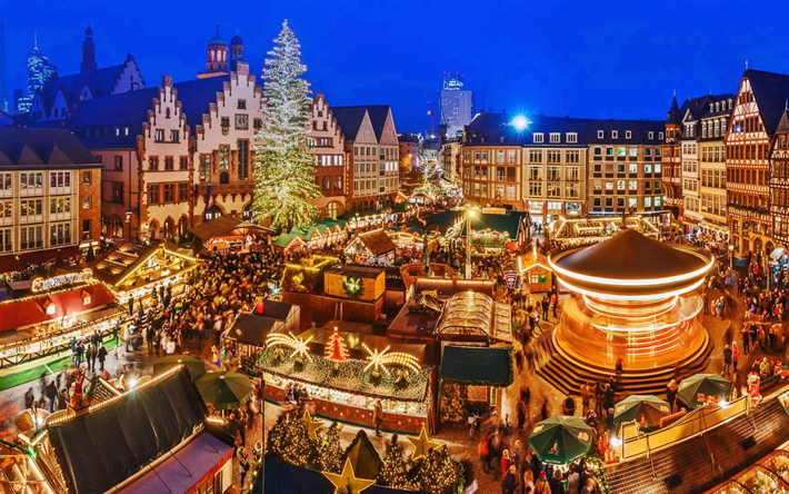 Frankfurt am Main, Christmas market, people, shops, evening, Christmas tree, Germany