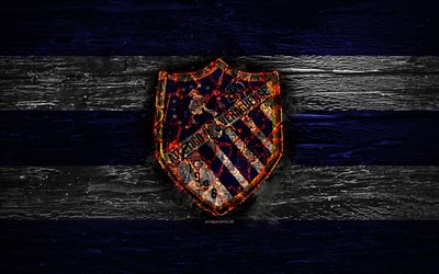 Atletico Veraguense FC, fire logo, LPF, blue and white lines, panamanian football club, grunge, football, soccer, Atletico Veraguense logo, wooden texture, Panama