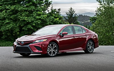 Toyota Camry, 2018, new red Camry, sedan d class, front view, business class, red sedans, japanese cars, SE Hybrid, Toyota
