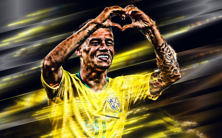 Philippe Coutinho, Brazil national football team, portrait, goal, smile, Brazilian soccer player, midfielder, Brazil