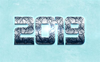 Blue 2019 background, ice texture, Happy New Year, ice letters, 2019 concepts, 2019 year