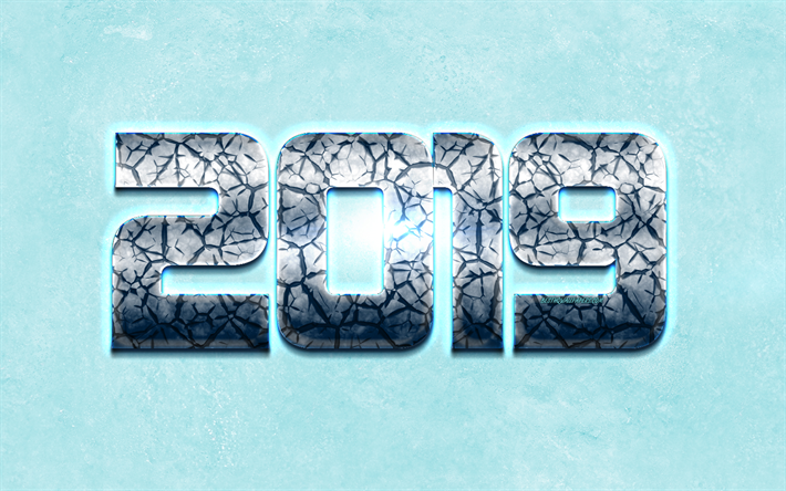 Blue 2019 background, ice texture, Happy New Year, ice letters, 2019 concepts, 2019 year