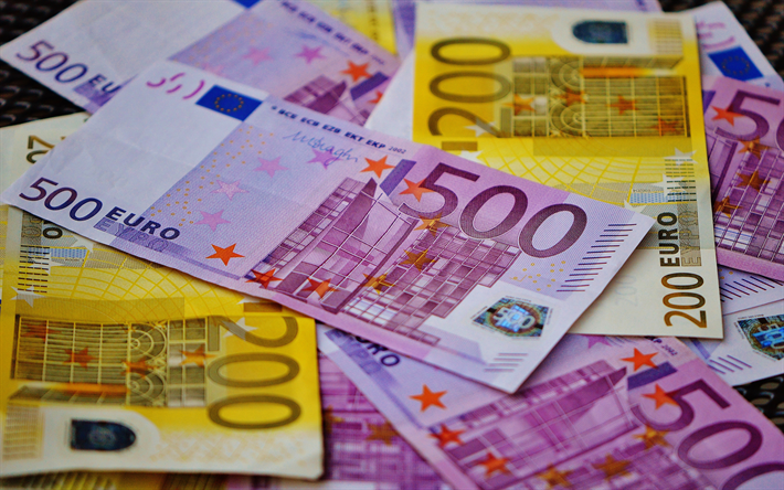 les billets en euros, monnaie euro, argent, fond, 500 euros, 200 euros, les finances, le flou de mouvement, la monnaie europ&#233;enne