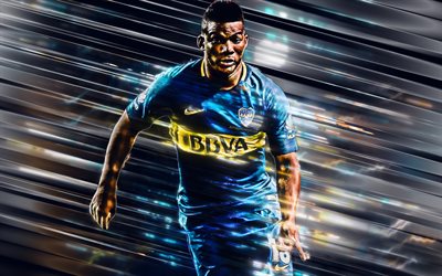 Frank Fabra, 4k, Boca Juniors, Colombianska fotbollsspelare, kreativ konst, blad stil, Argentina, bl&#229; bakgrund, linjer konst, fotboll