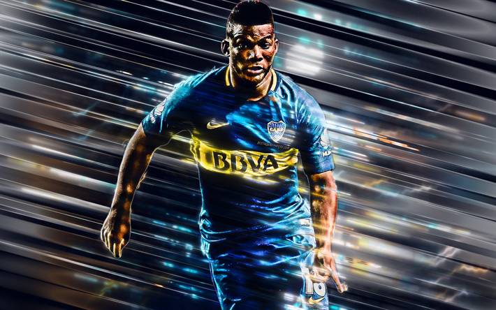 Frank Fabra, 4k, Boca Juniors, Kolumbialainen jalkapalloilija, creative art, ter&#228;t tyyli, Argentiina, sininen tausta, linjat art, jalkapallo