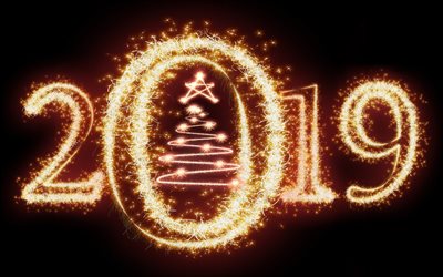 2019 glitter digits, xmas tree, black background, Happy New Year 2019, 2019 glitter art, glitter digits, 2019 concepts, 2019 on black background, 2019 year digits