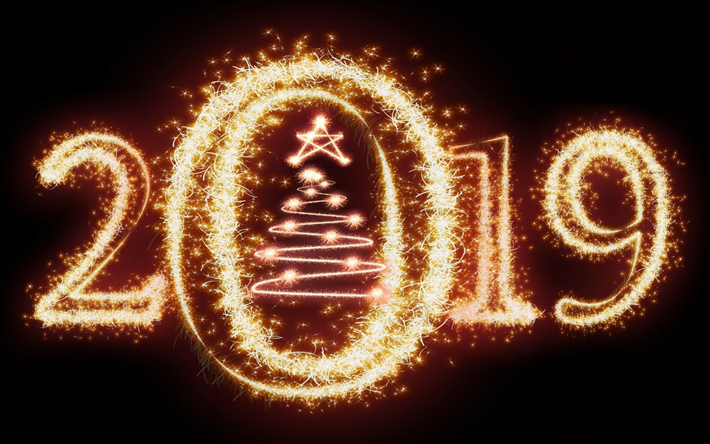 2019 glitter siffror, xmas tree, svart bakgrund, Gott Nytt &#197;r 2019, 2019 glitter art, glitter siffror, 2019 begrepp, 2019 p&#229; svart bakgrund, 2019 &#229;r siffror