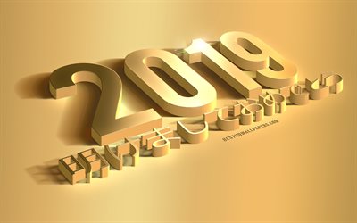 Happy New Year in Japanese, year, golden 2019 background, 3d 2019 art, congratulation, golden 2019 greeting card, Happy New Year, 2019 concepts