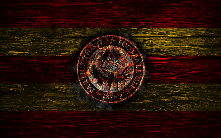 Partick Thistle FC, fire logo, Scotland Premiership, red and yellow lines, Scottish football club, grunge, football, soccer, Partick Thistle logo, wooden texture, Scotland