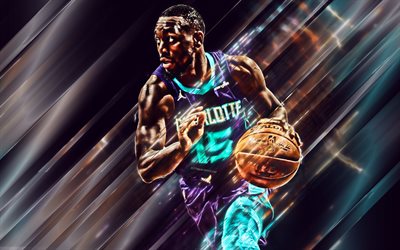 Kemba Walker, Charlotte Hornets, Amerikkalainen koripalloilija, NBA, USA, violetti tausta, creative art, muotokuva, koripallo