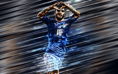 Lorenzo İnsigne, 4k, İtalya Milli Futbol Takımı, İtalyan futbolcu, yaratıcı sanat, stil bı&#231;aklar, İtalya, mavi arka plan, &#231;izgiler, sanat, futbol, İnsigne