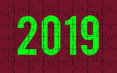 2019 purple puzzle background, Happy New Year, 2019 concepts, 2019 purple background, green letters, puzzle pattern