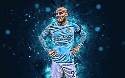 David Silva, futebolistas espanh&#243;is, O Manchester City FC, close-up, futebol, Silva, meio-campista, Premier League, O Homem Da Cidade, luzes de neon