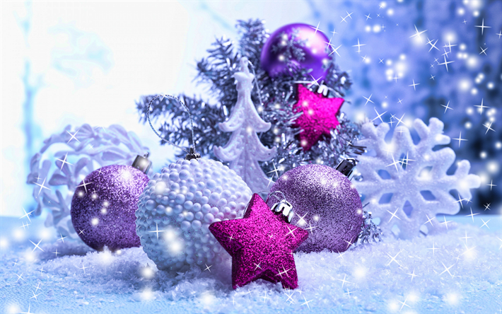 purple xmas kugeln, weihnachten dekorationen, schneeflocken, frohe weihnachten, gl&#252;ckliches neues jahr, weihnachten