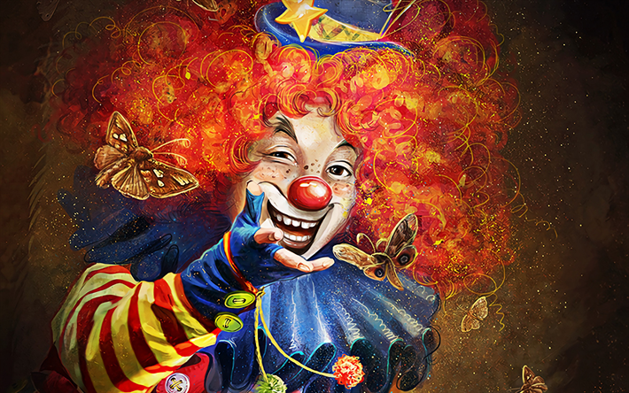 clown with butterflies, artwork, smiling clown, ginger clown, creative, clowns