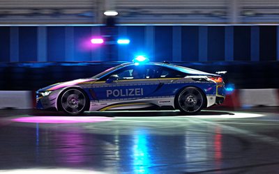 bmw i8, 2018, polizeiauto, blaulicht, deutsche polizei, polizei-elektroauto i8, sport-elektro-autos, bmw