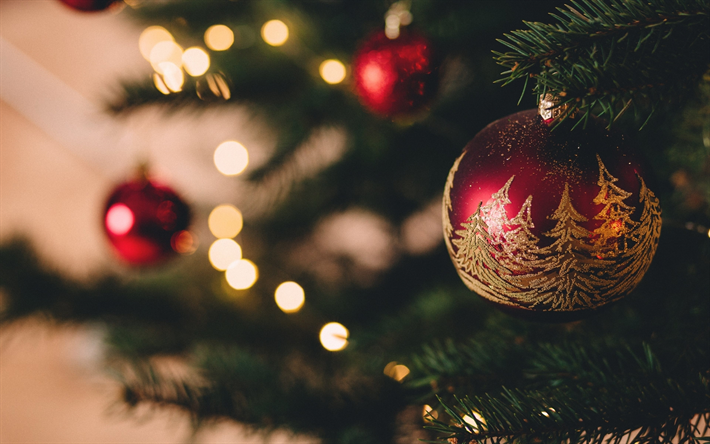 Palle di Natale rosse, capodanno, Natale, albero, rami, decorazioni di Natale