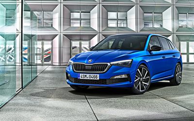 Skoda Scala, 2019, blue hatchback, new blue Scala, Czech car, exterior, front view, Skoda