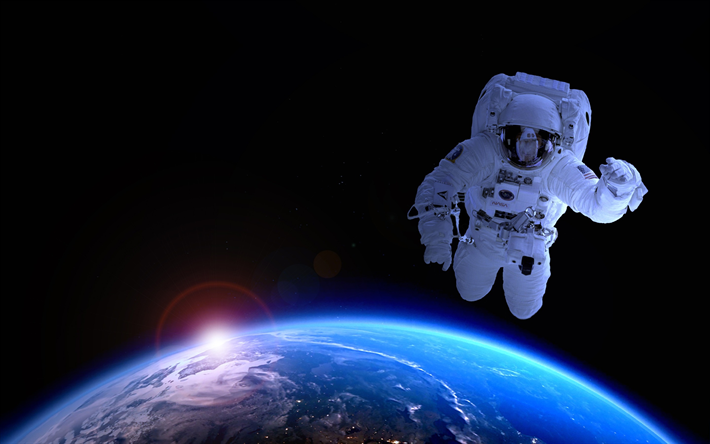 astronauta nello spazio, galassia, scintille, sci-fi, l&#39;universo, la Terra dallo spazio, volando astronauta