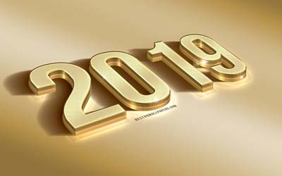 Happy New Year 2019, gold metal 2019 background, art, 3d gold letters, 3d 2019 concept, creative art, 2019 year, gold metal texture