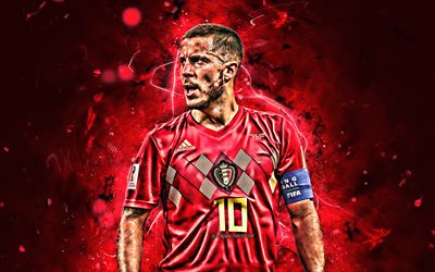 Eden Hazard, red uniform, Belgium National Team, striker, Hazard, soccer, forward, footballers, neon lights, Belgian football team