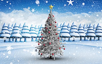 Christmas tree, 4k, 3D art, snowdrifts, winter, New Year tree, Happy New Year, xmas, Christmas