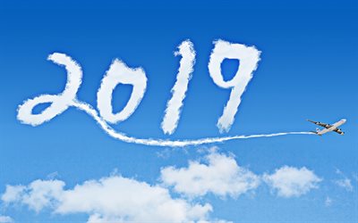 2019 flugzeug weg, flugzeug fliegen, ein gl&#252;ckliches neues jahr 2019, blauer himmel, 2019 kunst, 2019 konzepte, 2019 auf sky, jahr 2019-stellig